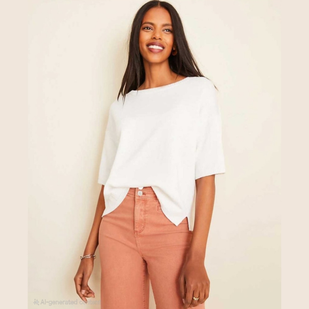 Ann Taylor Linen Blend Sweater White Petite MP Breathable Spring Beachy Knit Top